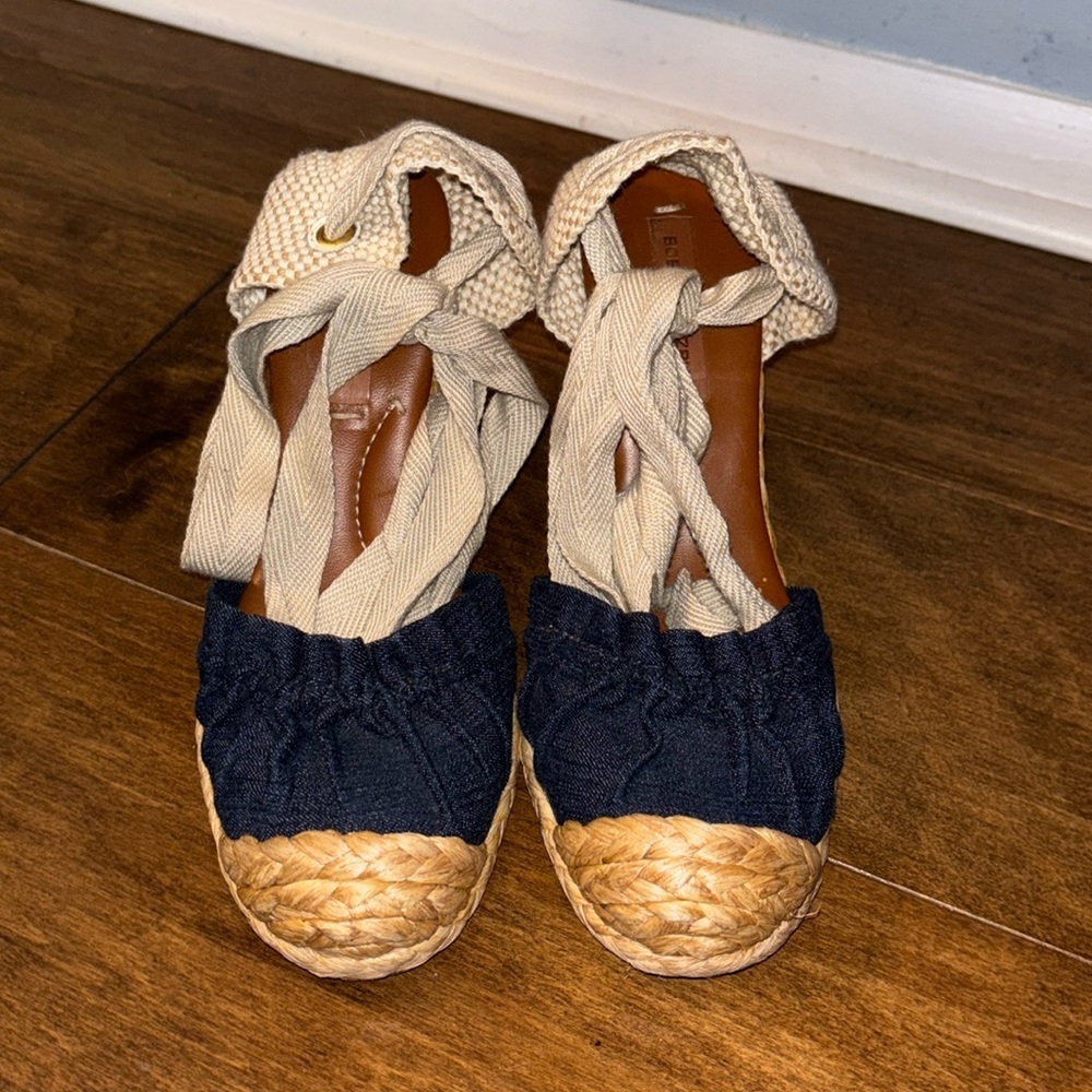BCBGMAXAZRIA Denim Wedge Ankle Lace Sandals